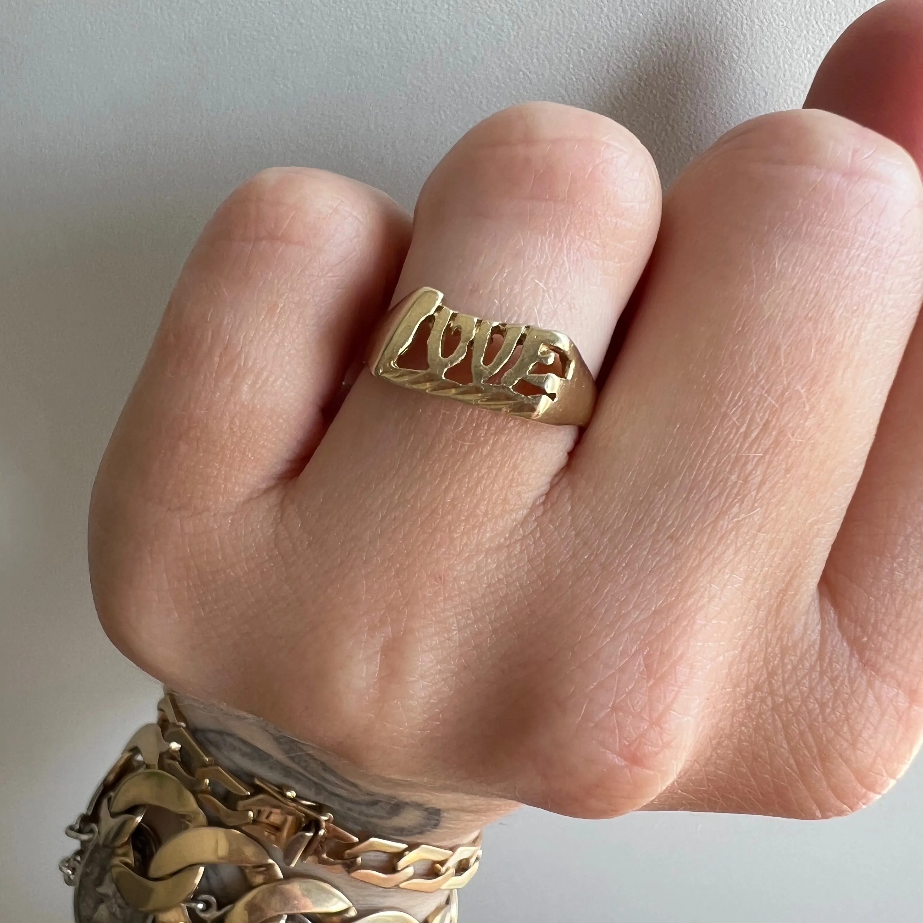 V I N T A G E // wearable LOVE / 14k yellow gold LOVE word ring / size 6.25