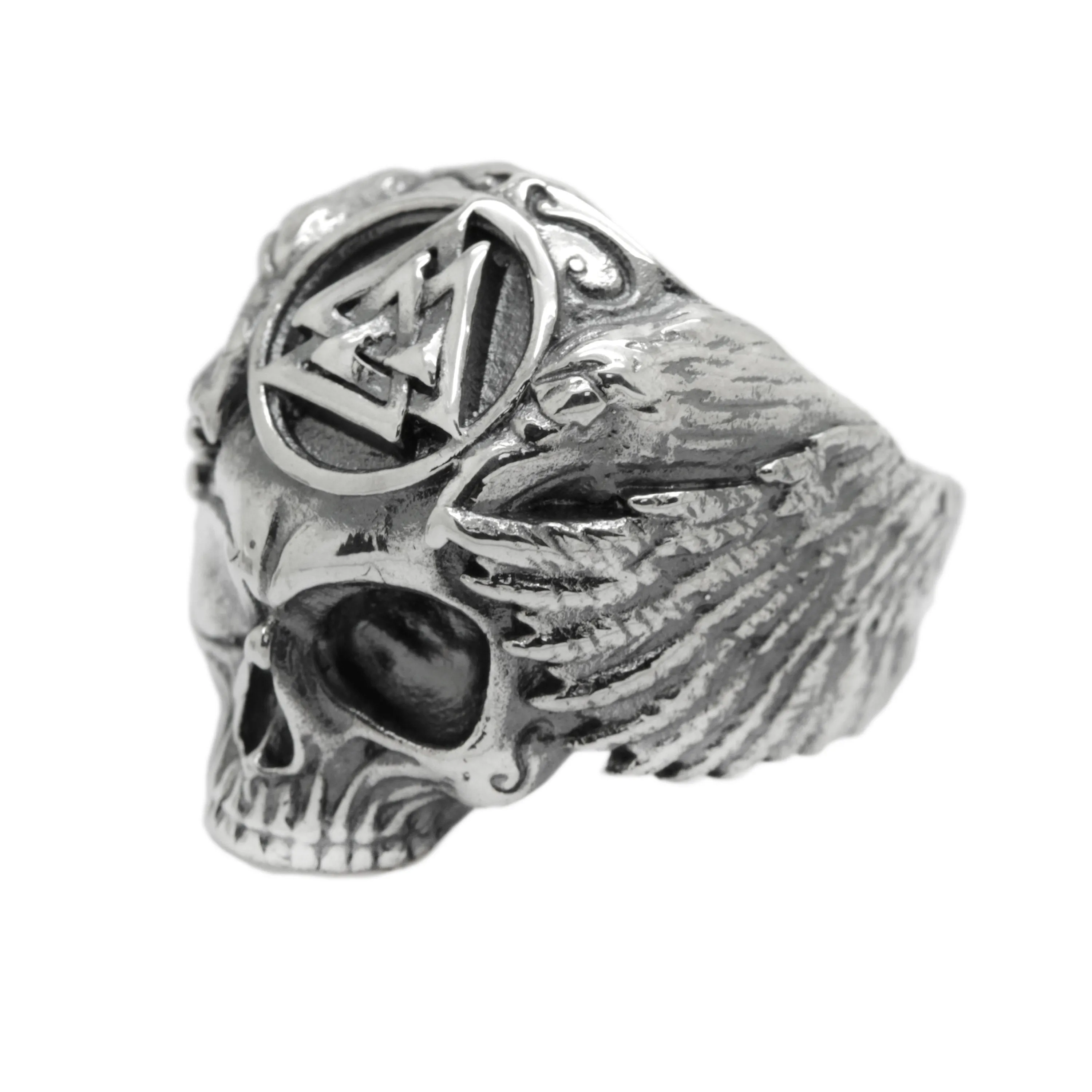 Valknut with Ravens Skull, Viking Odin Ring, Mens Sterling Silver Ring