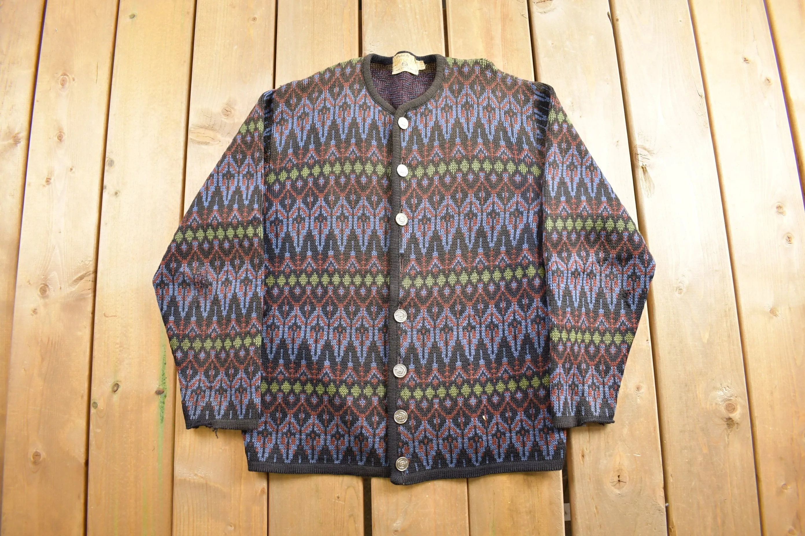 Vintage 1970s Warren Knit Cardigan Sweater / Pattern Knit / Vintage Cardigan / True Vintage / 70s Sweater / True Vintage Cardigan