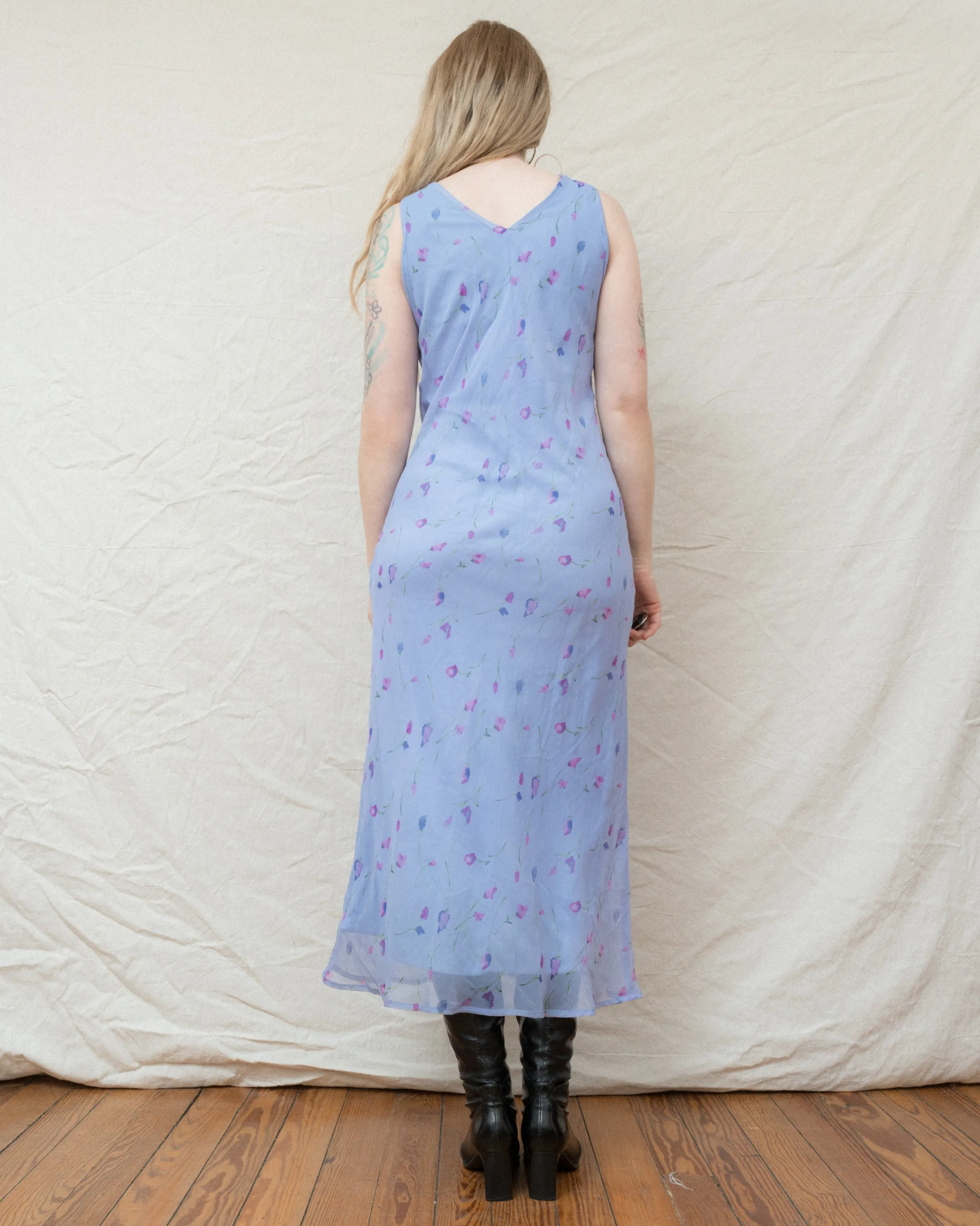 Vintage Lilac Blue Floral Chiffon Dress (S/M)